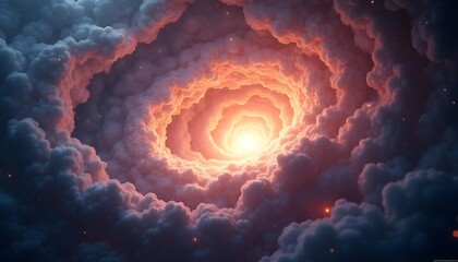 Wall Mural - Dramatic swirling clouds in shades of orange, red, and purple with a bright sun-like center peeking through, creating an intense, fiery and ominous atmosphere