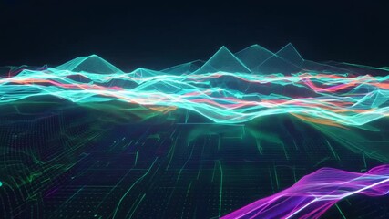 Poster - colorful glowing data waves over a futuristic digital landscape generative ai