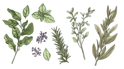 Wall Mural - Fresh green herbs including basil, rosemary, and thyme against a white background