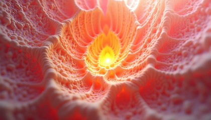 Wall Mural - A close-up view of a vibrant, abstract orange and yellow with intricate, swirling petals against a soft, blurred red background