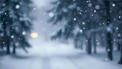 a snowy winter landscape with blurred pine trees in the foreground and a path leading through the sn