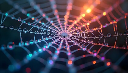 A close-up view of a spider web with water droplets, illuminated by colorful lights creating a vibrant, abstract background