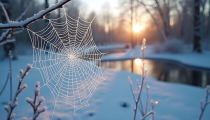 A close-up view of a delicate spider web covered in dew, with a blurred landscape and sunset in the background