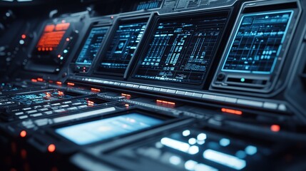 Poster - High-tech control panel with glowing displays in a futuristic spaceship interior