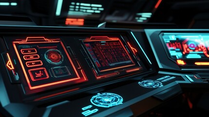 Poster - Futuristic control panel with glowing interface in a high-tech spaceship at night