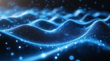 Poster - Blue digital waves with glowing particles create an abstract background in a dark setting