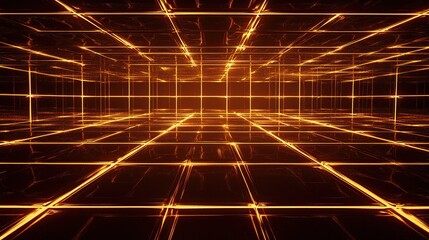 Poster - A glowing grid pattern illuminated in warm orange tones within a dark virtual space
