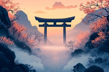 Wall Mural - Torii Gate Mountain Pass Shinto Religion Spiritual Symbol