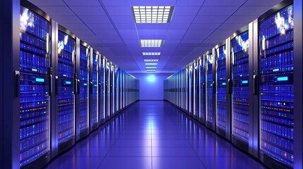 Poster - Modern data center with illuminated server racks in a high-tech facility at night