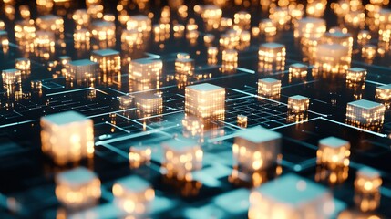 Poster - Abstract representation of glowing cubes on a digital circuit board, symbolizing data processing and technology advancement