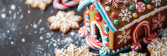 Canvas Print - A close up of a gingerbread house decorated with colorful icing and candy, surrounded by snowflake cookies and candy canes