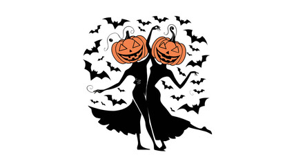 A Halloween illustration featuring two figures in flowing dresses with jack-o'-lantern heads, dancing together surrounded by flying bats.