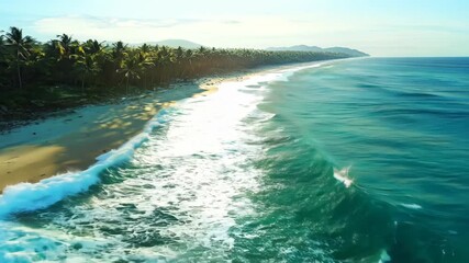 Wall Mural - Witness the serene beauty of gentle waves crashing against golden shores with lush palm trees swaying in the warm morning breeze