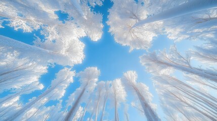 A breathtaking upward view of snow-covered trees against a bright blue sky in a serene winter forest.