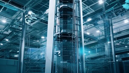 Poster - detailed view of a cutting-edge edge computing tower in a factory generative ai