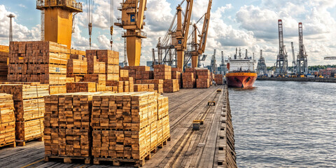 Cargo ship docked in port unloading lumber at pier