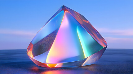 Iridescent pyramid shaped glass object on a dark surface.