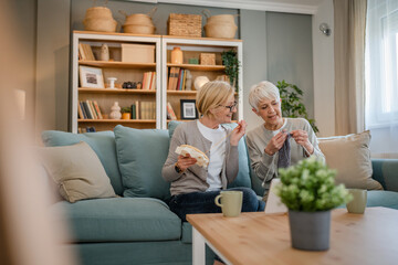 Wall Mural - two women senior mature knitting and embroidery during leisure time