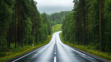 Wall Mural - A wet, winding road cutting through a dense, lush green forest under a cloudy sky.