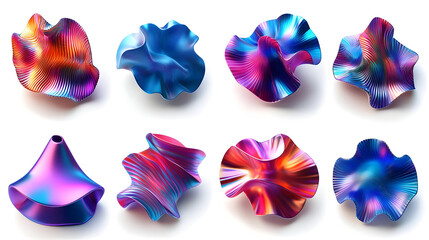 Wall Mural - Set of eight abstract 3D shapes with iridescent colors.