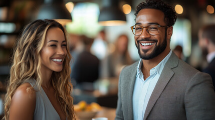 office workers in business casual attire, standing and laughing together during a coffee break in th