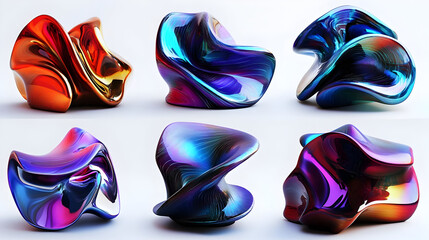 Six abstract, iridescent, metallic sculptures in different colors and shapes.