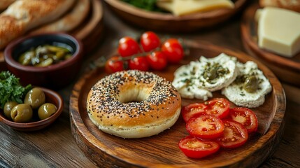 Delectable traditional Turkish breakfast consisting of Turkish bagel (simit) accompanied by wooden plate servings of cheese, tomatoes, and olives.