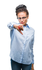 Young braided hair african american business girl wearing glasses over isolated background looking unhappy and angry showing rejection and negative with thumbs down gesture. Bad expression.