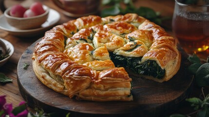 Gul borek, a traditional and delectable Turkish burek with spinach. a glass of tea, some spinach, and a rose-shaped pastry