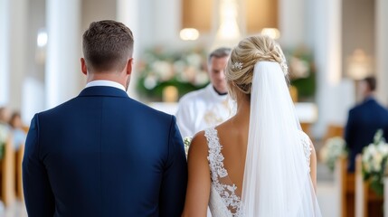 A bride in a white gown and her groom stand at the altar during their wedding ceremony in a bright, decorated church, symbolizing love, partnership, and lifelong commitment.