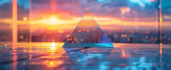 Wall Mural - Glass pyramid with a reflection of a blurred sunset city lights in it on a reflective surface with a blurry background.