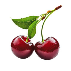 Wall Mural - PNG Red cherries with green leaves on white