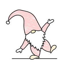 Sticker - dancing scandinavian gnome, dwarf, hand up, black line doodle vector illustration, pencil drawn cartoon style, simple sketch character