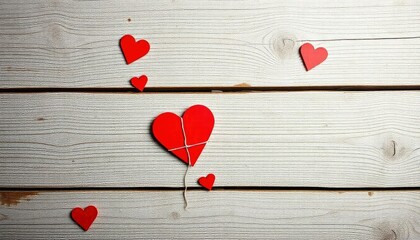 Valentines day background with two red hearts on wooden background, ai