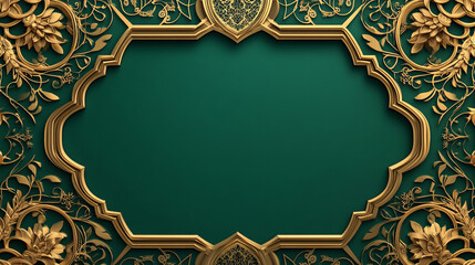 Green background with gold borders for a Ramadan Islamic greeting card, including Ramadan Kareem and space for Eid Ramadan concepts