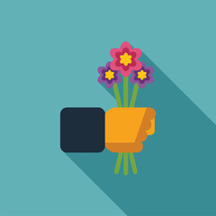 Sticker - Hand is holding a bouquet of three flowers with a long shadow on a blue background