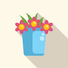 Wall Mural - Minimalist flat vector illustration of pink flowers growing in a blue pot, isolated on a light background