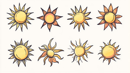 Wall Mural - Sun icons in a simple, hand-drawn style. These symbols show the sunset and the summer heat. They are half-round and easy to understand.