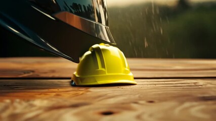 Poster - Helmet on Table With Construction Site Background Generative AI