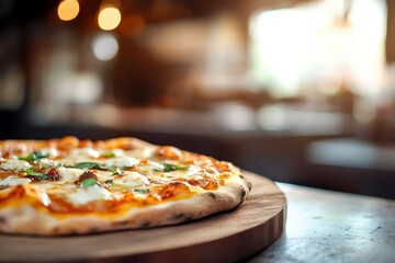 A tempting pizza topped with gooey cheese and fresh basil sits invitingly on a rustic wooden surface in a bustling eatery