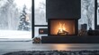 © JW Studio - Modern trendy fireplace with burning flames, contemporary interior design of cabin resort airbnb poster background in autumn winter season.