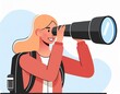 © Mis_TiKa - Happy woman holding huge tourists binocular and looking far ahead. Vector illustration for observation, discovery, future concept