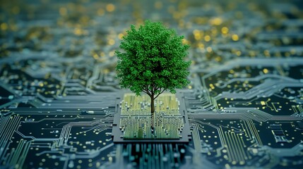 A robot hand holding a globe and tree with an environmental icon. This represents green and environmental technology, combining artificial intelligence 