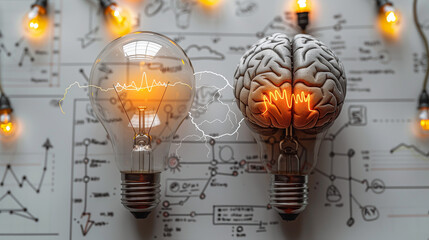 A light bulb and brain with electric energy lines connecting them on the background of an educational chart, representing learning process and creativity in education concept.