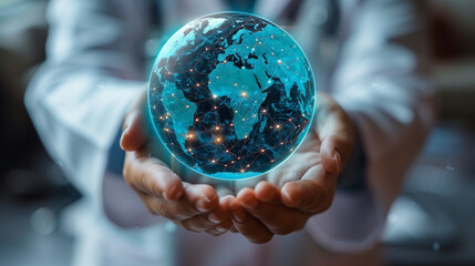 Poster - A doctor holds in their hands the glowing hologram of planet Earth with a global network and connectivity, symbolizing digital medicine or telemedicine/remote medical care.