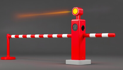 A red and white automatic traffic barrier with a yellow top isolated with white highlights, png