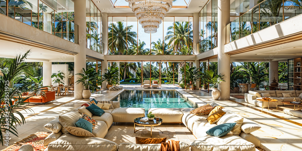 Grand opulent living room with neutral cream color, indoor swimming ...