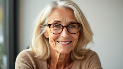 Wall Mural - Portrait of a middle-aged woman with glasses and a satisfied smile