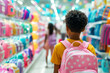 © ZaStock - A child wearing a bright backpack stands in a store aisle looking at colorful backpacks, while another child walks in the background