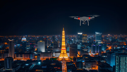 Wall Mural - Drone fly illuminated city of Bangkok Thailand, downtown establishing at night isolated with white highlights, png